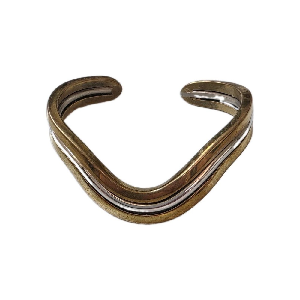 Vintage Mixed Metal Tri Color Wave Cuff Bracelet Modernist Wavy Bangle 1970s